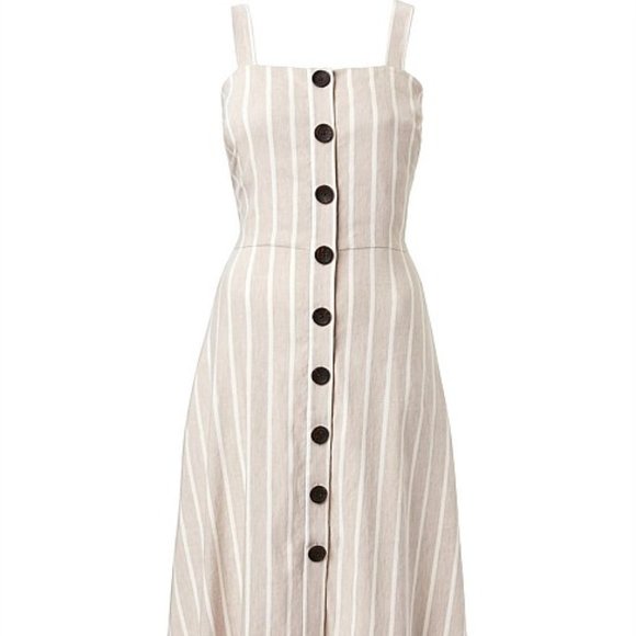 WITCHERY Linen blend Neutral Beige White Stripe Button Midi Dress NWT RRP$160 - Picture 10 of 16